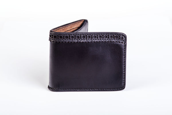 Two slot bifold wallet with brogue detail, black Horween Chromexcel - Currier & Beamhouse